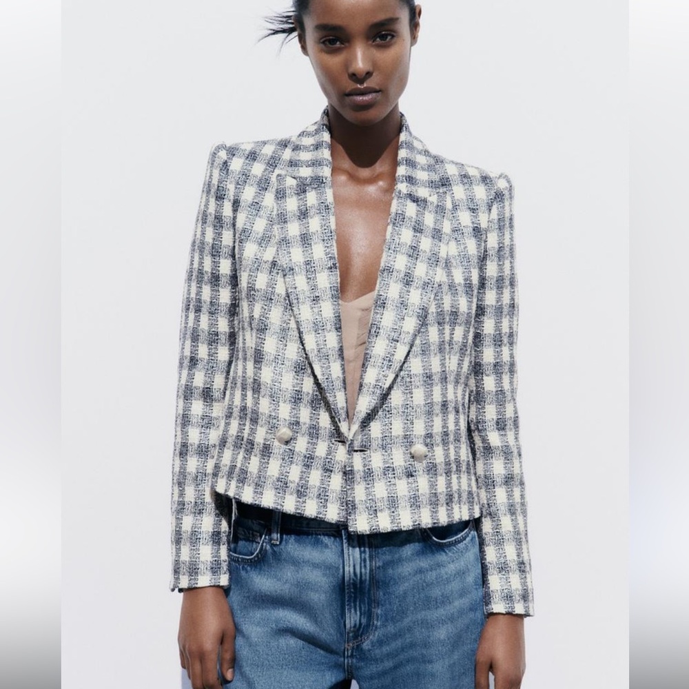 Zara Tweed Blue and White Metallic Plaid Jacket S